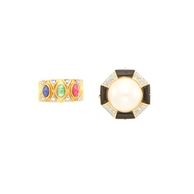 Lot 1098 - Two Two-Color Gold, Diamond, Black Onyx, Cabochon Gem-Set and Mabè Pearl Rings
