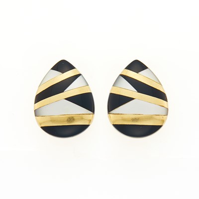 Lot 1202 - Asch Grossbardt Pair of Gold, Mother-of-Pearl and Black Onyx Earclips