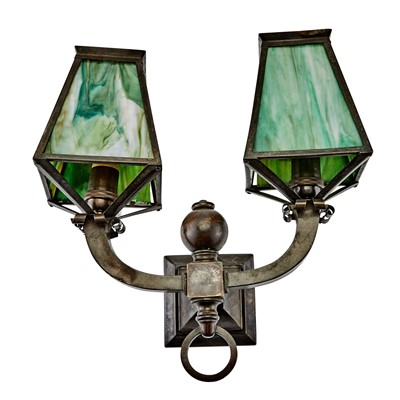 Lot 78 - Art Nouveau Iron and Green Slag Glass Sconce