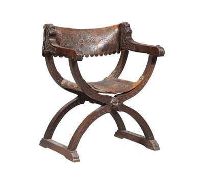 Lot 73 - Italian Renaissance Style Carved Wood and Leather Savonarola Chair