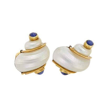 Lot 16 - Seaman Schepps Pair of Gold, Shell and Cabochon Sapphire 'Turbo Shell' Earclips