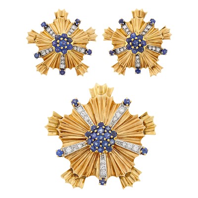 Lot 51 - Two-Color Gold, Sapphire and Diamond Clip-Brooch and Pair of Earclips
