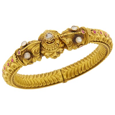 Lot 1107 - Indian High Karat Gold, Diamond and Ruby Bangle Bracelet