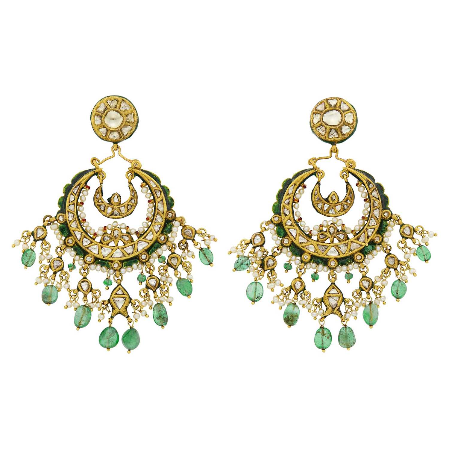Lot 1112 - Pair of Indian Gold, Emerald Bead, Foil-Backed Diamond, Freshwater Pearl and Enamel Fringe Pendant-Earrings