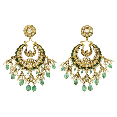 Lot 1112 - Pair of Indian Gold, Emerald Bead, Foil-Backed Diamond, Freshwater Pearl and Enamel Fringe Pendant-Earrings