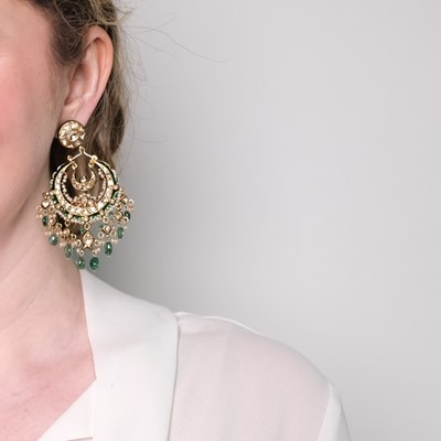 Lot 1112 - Pair of Indian Gold, Emerald Bead, Foil-Backed Diamond, Freshwater Pearl and Enamel Fringe Pendant-Earrings