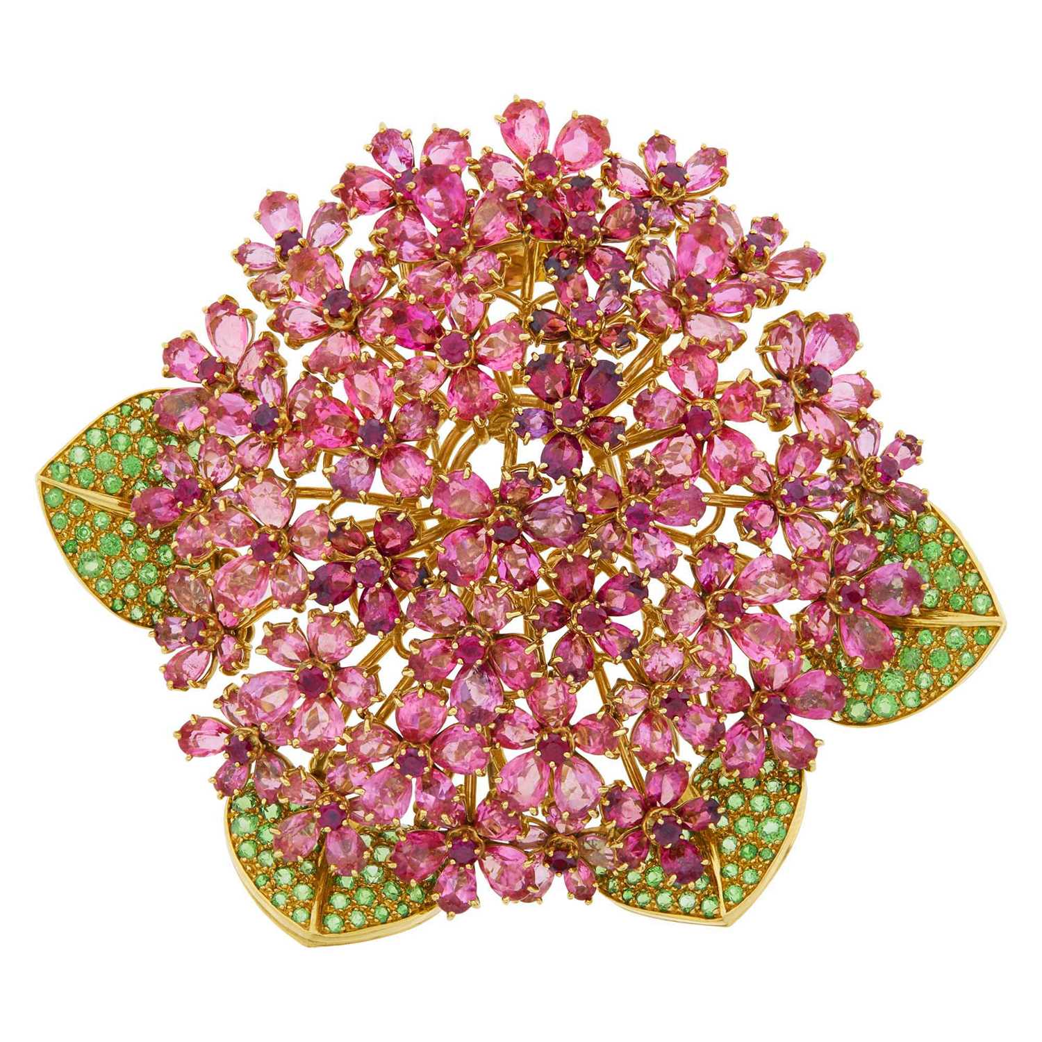 Lot 171 - René Boivin Gold, Pink Tourmaline, Ruby and Green Garnet 'Violet' Clip-Brooch, France