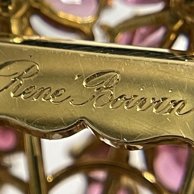 Lot 171 - René Boivin Gold, Pink Tourmaline, Ruby and Green Garnet 'Violet' Clip-Brooch, France