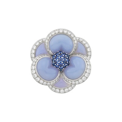 Lot 213 - Van Cleef & Arpels Platinum, Blue Chalcedony, Sapphire and Diamond 'Gardenia' Clip-Brooch