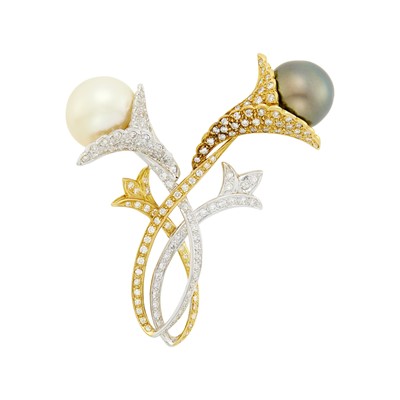 Lot 1042 - Two-Color Gold, South Sea and Tahitian Gray Cultured Pearl and Diamond Brooch