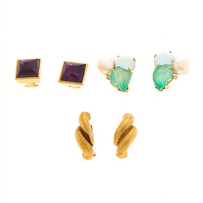 Lot 2023 - Gumps Pair of Gold and Gem-Set Earrings, Pair of Gold and Cabochon Amethyst Earrings and Pair of Gold Earclips
