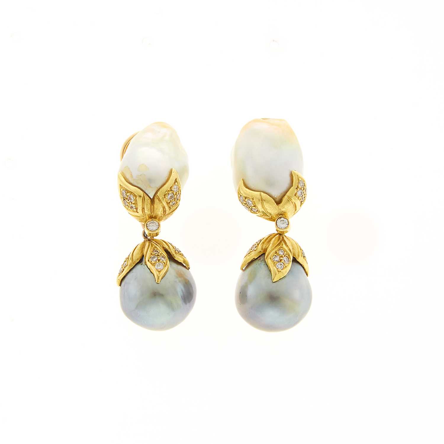 Lot 2043 - Gumps Pair of Gold, Baroque Cultured Pearl and Gray Pearl and Diamond Pendant-Earrings