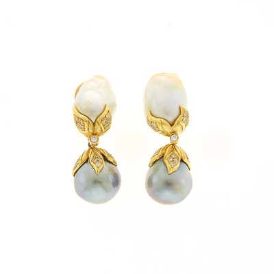 Lot 2043 - Gumps Pair of Gold, Baroque Cultured Pearl and Gray Pearl and Diamond Pendant-Earrings
