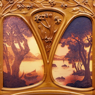 Lot 405 - Art Nouveau Three-Panel Inlaid Walnut and Cameo Glass Screen