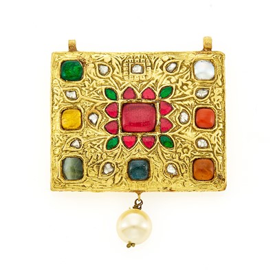 Lot 1110 - Indian Foil-Backed Synthetic and Gem-Set, Diamond and Imitation Pearl Navaratna-Style Pendant