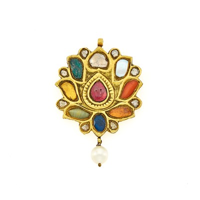 Lot 1116 - Indian High Karat Gold, Foil-Backed Gem-Set and Diamond and Cultured Pearl Navaratna-Style Pendant