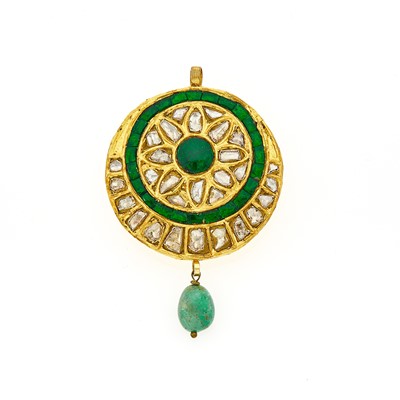 Lot 1112 - Indian High Karat Gold, Foil-Backed Emerald and Diamond Pendant