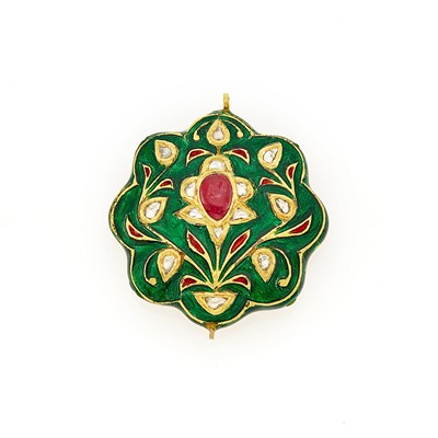 Lot 1123 - Indian Gold, Jaipur Enamel, Foil-Backed Ruby and Diamond Pendant
