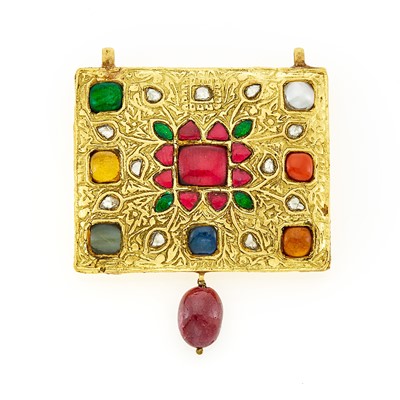 Lot 1120 - Indian Foil-Backed Synthetic and Gem-Set, Diamond and Ruby Bead Navaratna-Style Pendant