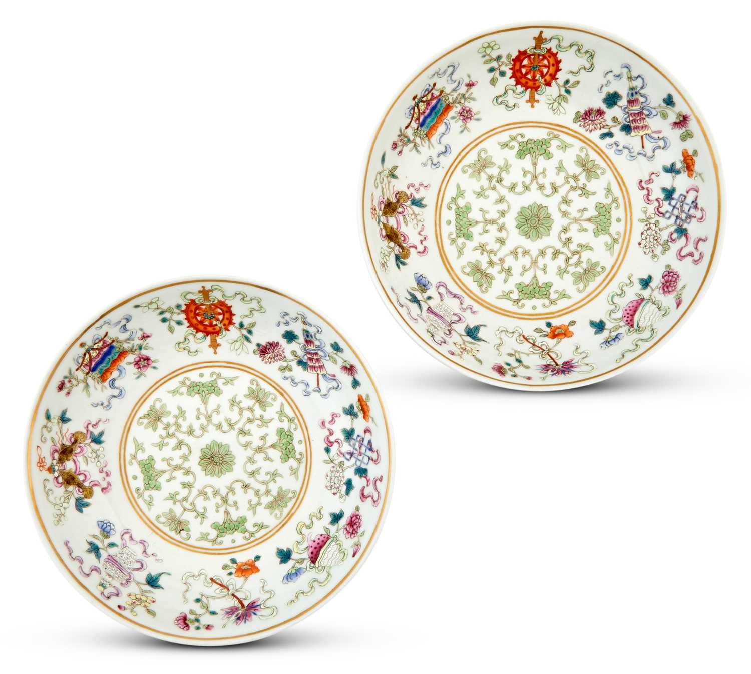 Lot 235 - A Pair of Chinese Enameled Porcelain 'Eight Emblems' Dishes