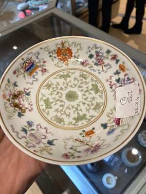 Lot 235 - A Pair of Chinese Enameled Porcelain 'Eight Emblems' Dishes