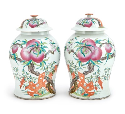 Lot 421 - A Pair of Chinese Porcelain 'Peach' Jars and Covers