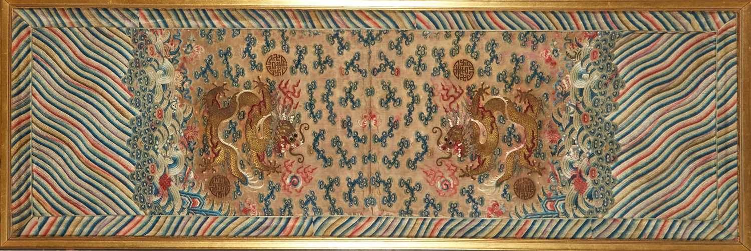 Lot 84 - A Chinese Embroidered Silk Dragon Panel