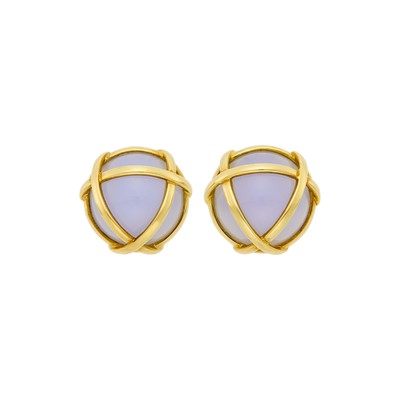 Lot 4 - Verdura Pair of Gold and Blue Chalcedony 'Caged' Earclips