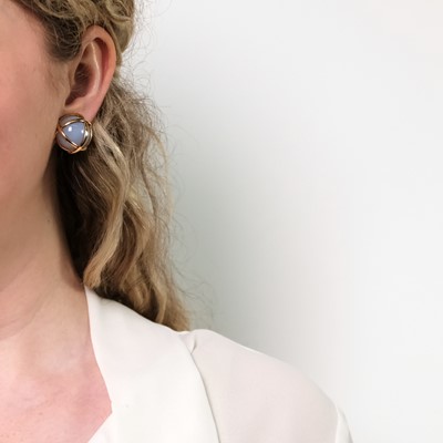 Lot 4 - Verdura Pair of Gold and Blue Chalcedony 'Caged' Earclips