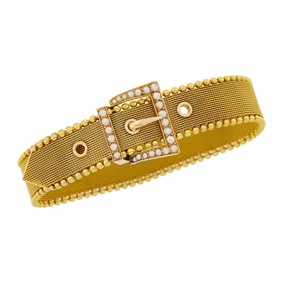 Lot 1101 - Antique Gold and Split Pearl Buckle Slide Mesh Bracelet