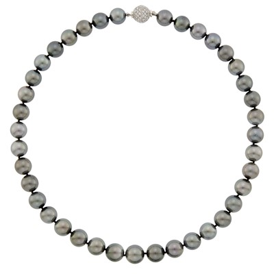 Lot 1080 - Tahitian Gray Cultured Pearl Necklace with White Gold and DIamond Ball Clasp