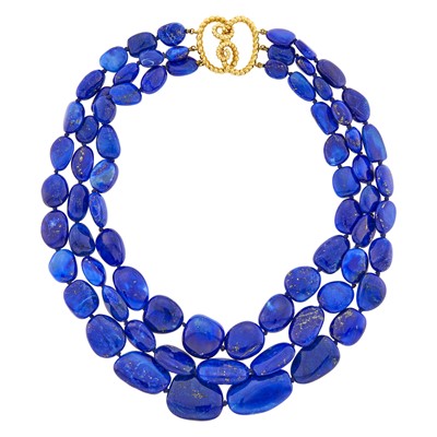 Lot 49 - Verdura Triple Strand Lapis Bead Necklace with Gold Clasp