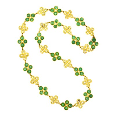 Lot 1113 - Trio Long Gold and Carved Jade Necklace