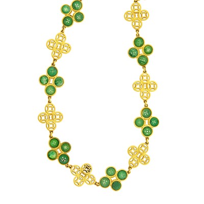 Lot 1113 - Trio Long Gold and Carved Jade Necklace