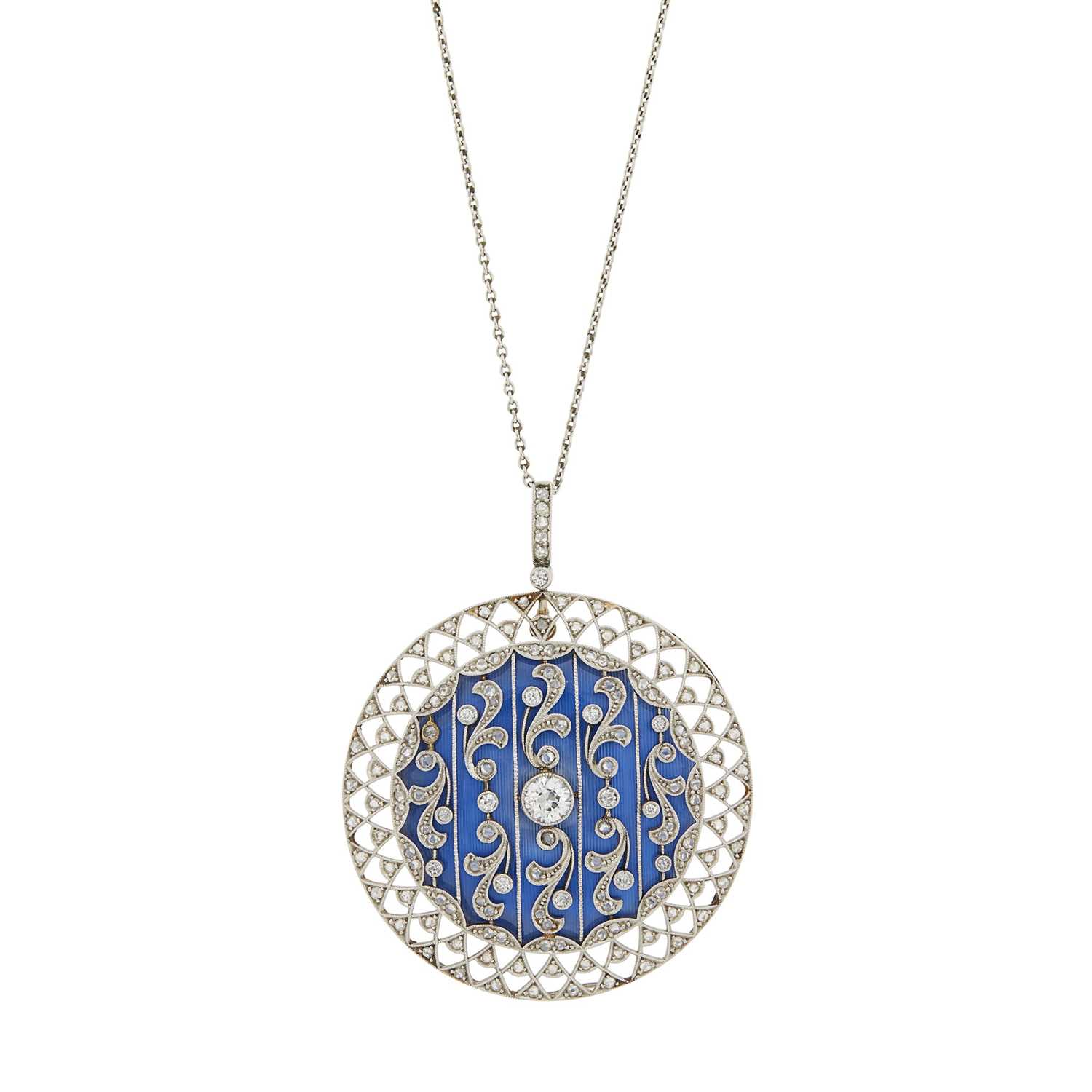 Lot 93 - Belle Époque Platinum, Gold, Enamel and Diamond Pendant with Chain Necklace