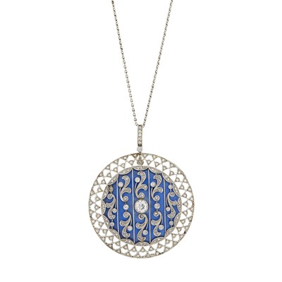 Lot 93 - Belle Époque Platinum, Gold, Enamel and Diamond Pendant with Chain Necklace
