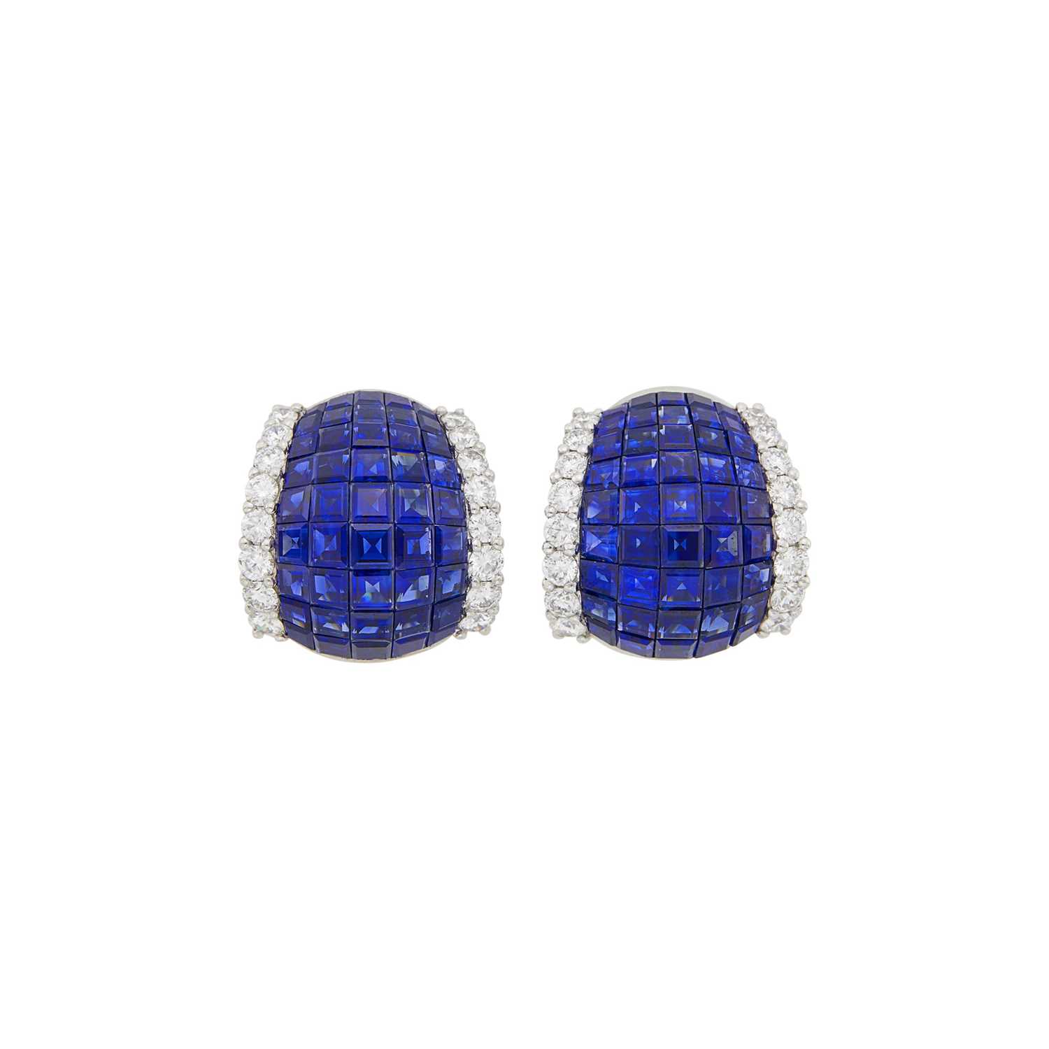 Lot 61 - Pair of Platinum, Invisibly-Set Sapphire and Diamond Bombé Earclips
