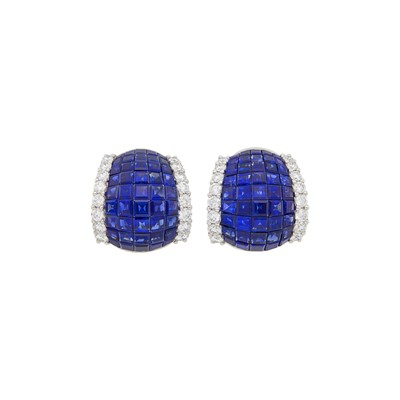 Lot 61 - Pair of Platinum, Invisibly-Set Sapphire and Diamond Bombé Earclips