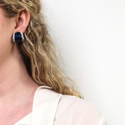 Lot 61 - Pair of Platinum, Invisibly-Set Sapphire and Diamond Bombé Earclips