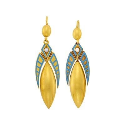 Lot 1095 - Pair of Antique Gold, Blue Enamel and Split Pearl Pendant-Earrings