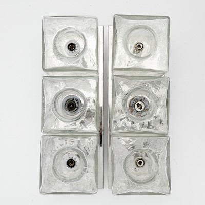 Lot 48 - A Pair of Glass and Chromed Metal Three-Light Ceiling Fixtures