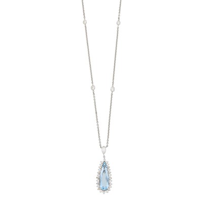 Lot 1061 - White Gold, Aquamarine and Diamond Pendant with White Gold and Diamond Chain Necklace