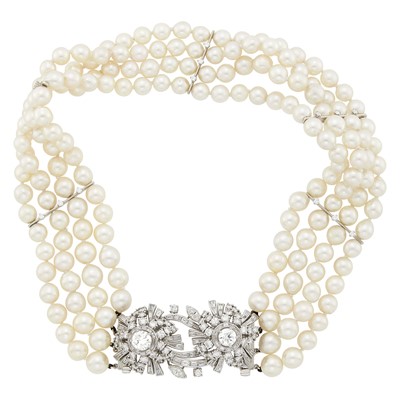 Lot 1065 - Four Strand Cultured Pearl Necklace with Platinum and Diamond Clasp