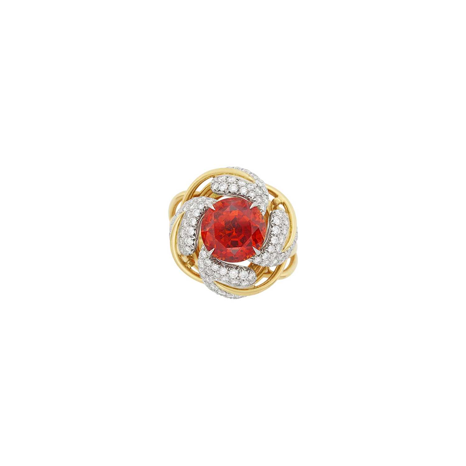 Lot 27 - Tiffany & Co., Schlumberger Gold, Platinum, Spessartite Garnet and Diamond 'Four Leaves' Ring