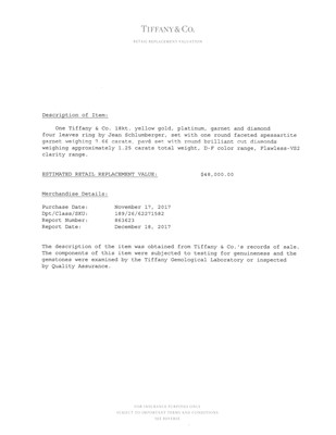 Lot 27 - Tiffany & Co., Schlumberger Gold, Platinum, Spessartite Garnet and Diamond 'Four Leaves' Ring