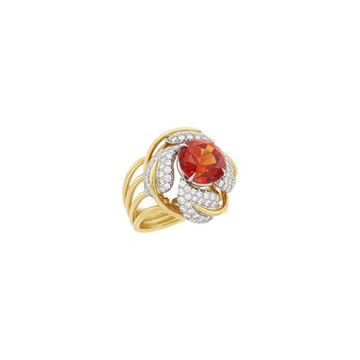 Lot 27 - Tiffany & Co., Schlumberger Gold, Platinum, Spessartite Garnet and Diamond 'Four Leaves' Ring