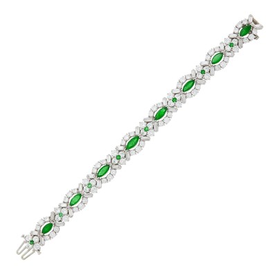 Lot 1131 - White Gold, Emerald and Diamond Bracelet