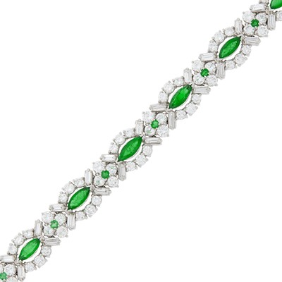 Lot 1131 - White Gold, Emerald and Diamond Bracelet