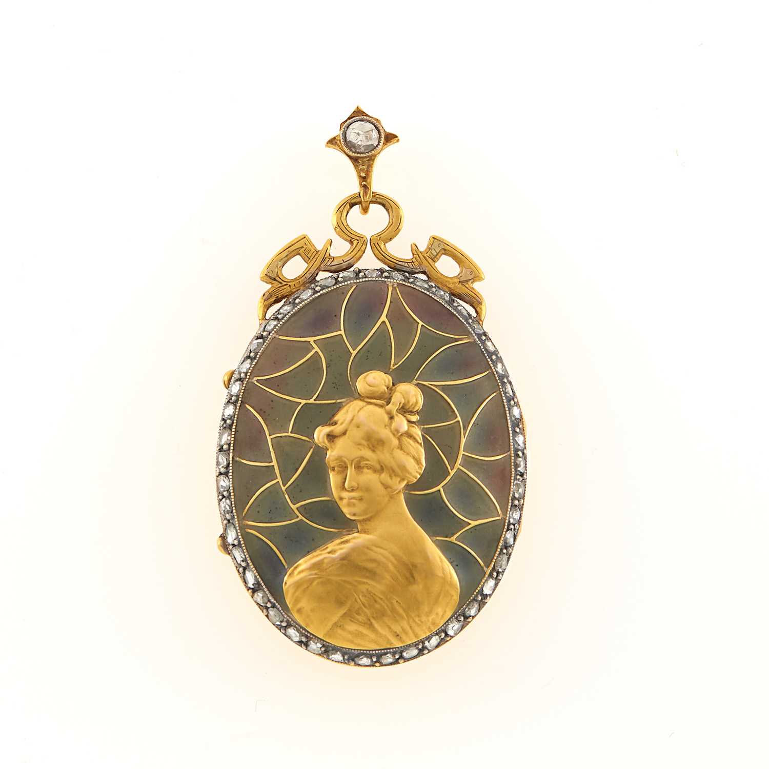 Lot 1202 - Art Nouveau Gold, Plique-à-Jour Enamel and Diamond Pendant