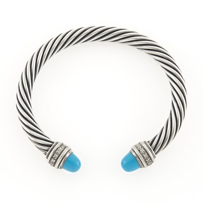 Lot 1209 - David Yurman Silver, Composite Turquoise and Diamond Bangle Bracelet